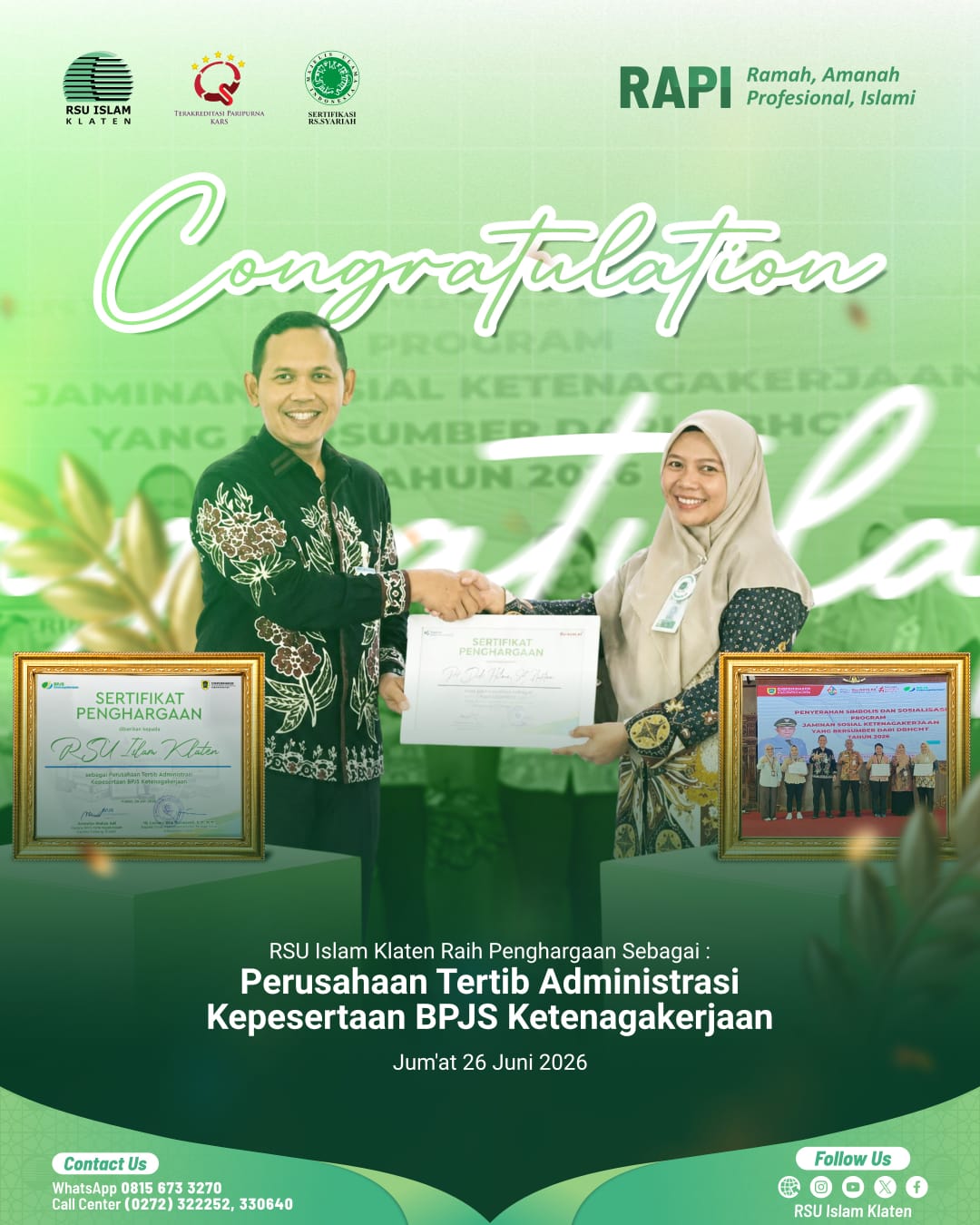 Penghargaan BPJS Ketenagakerjaan untuk RSI KLATEN