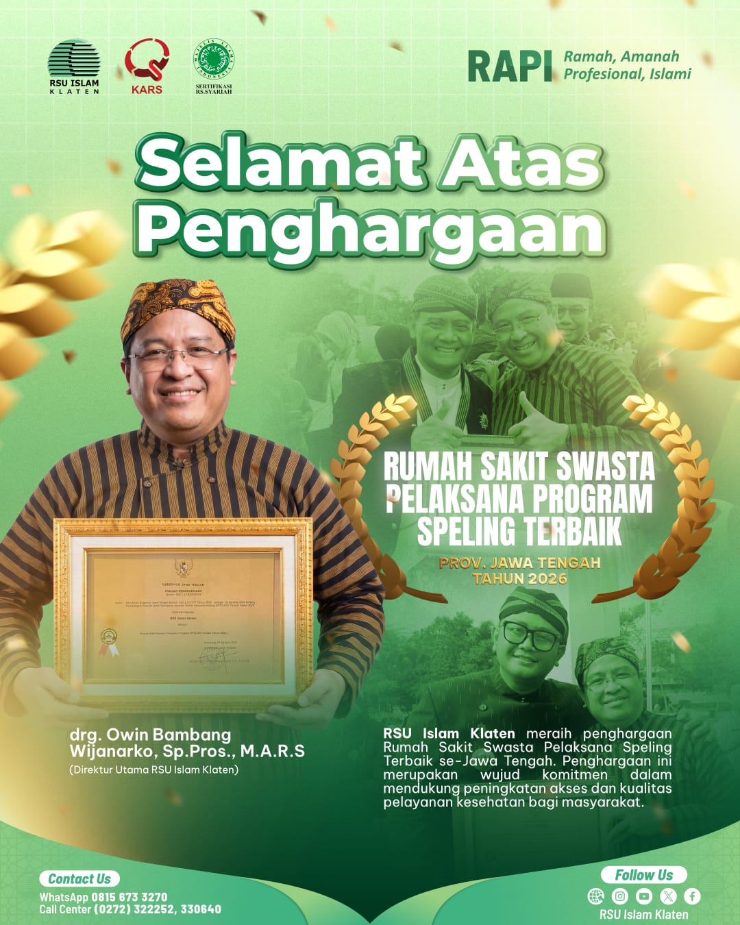Penghargaan RSU Islam Klaten Kategori Program SPELLING Terbaik Se-Jawa Tengah